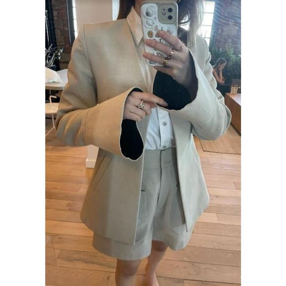 Co Beige Wool Hemp Blend Peplum Bell Sleeves One Button Blazer Jacket Size Small - Picture 4 of 15